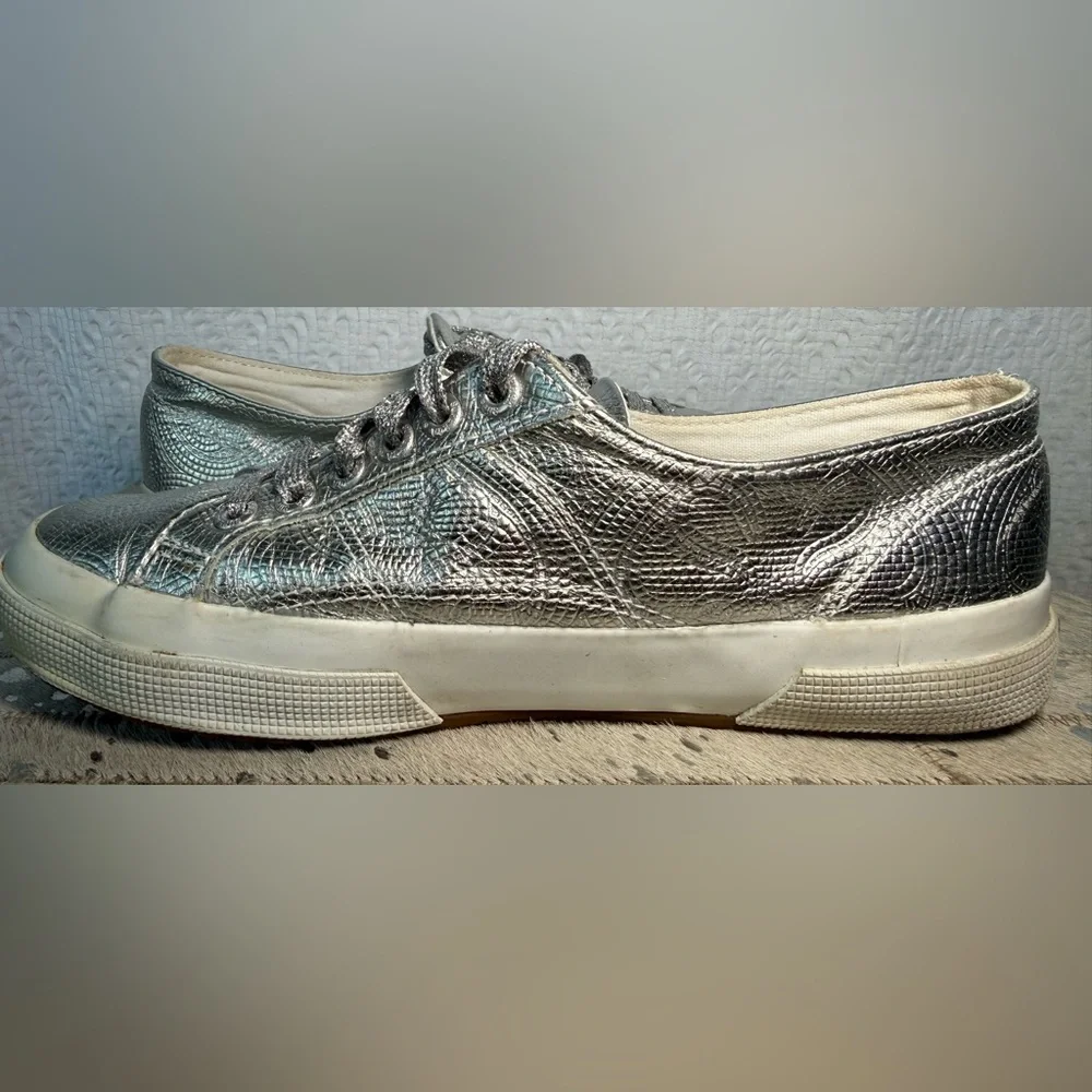 Superga Silver Metallic Embossed Platform Sneakers EU 39 US 8.5